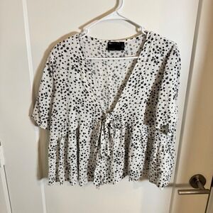 ASOS DESIGN Tall White Black Floral Print Tie Front Peplum Blouse Womens 14